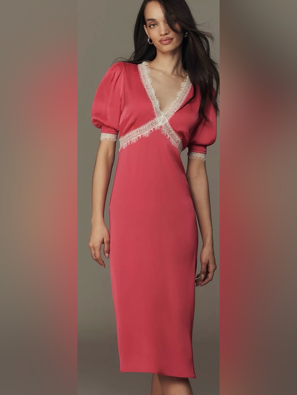 NWT ANTHROPOLOGIE M  V-Neck Lace Trim Midi Dress in Bright Rose